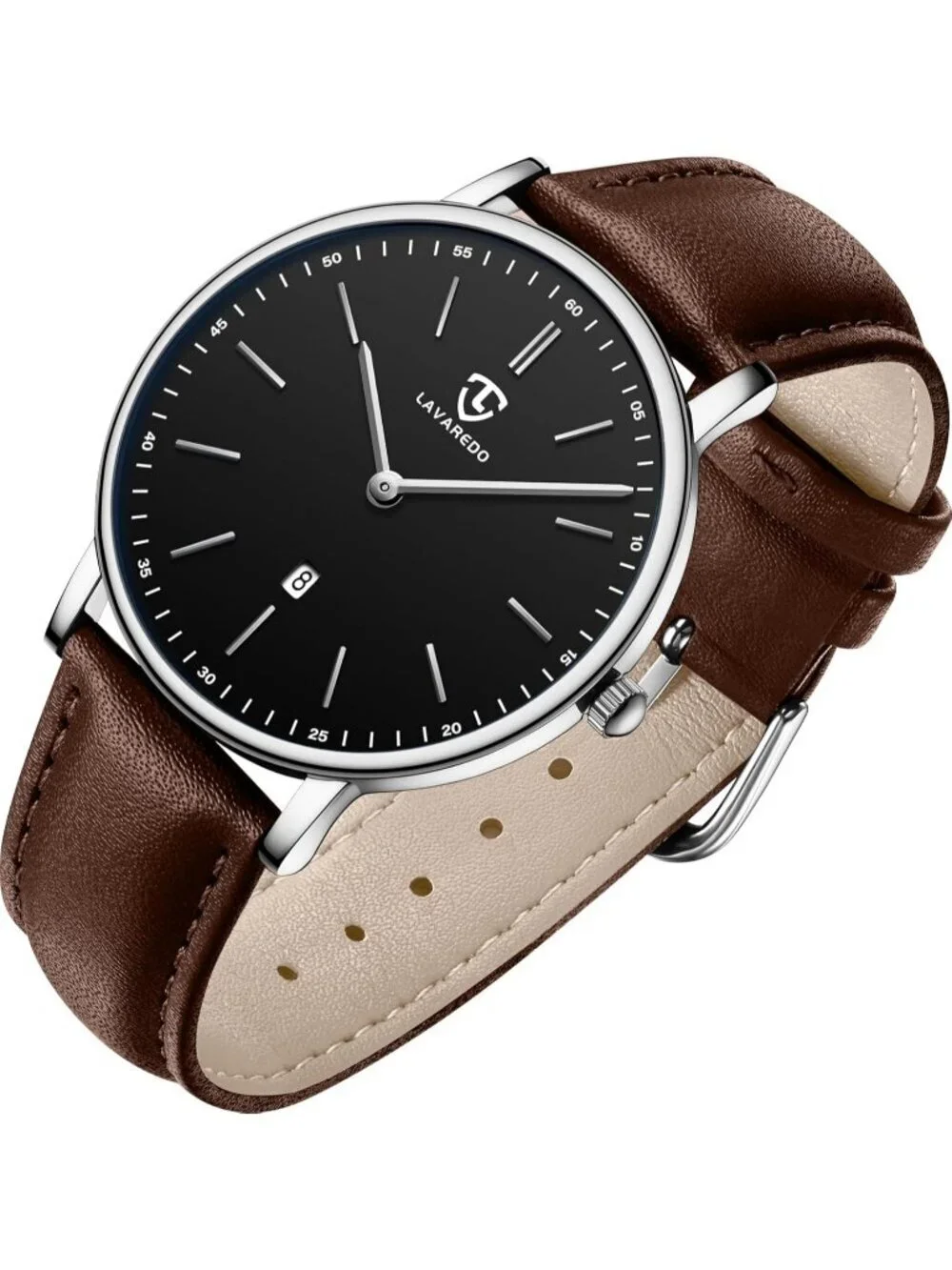 Men Brown Black Leather Strap Analog Minimalist Fashion Simple Round Wrist Watch